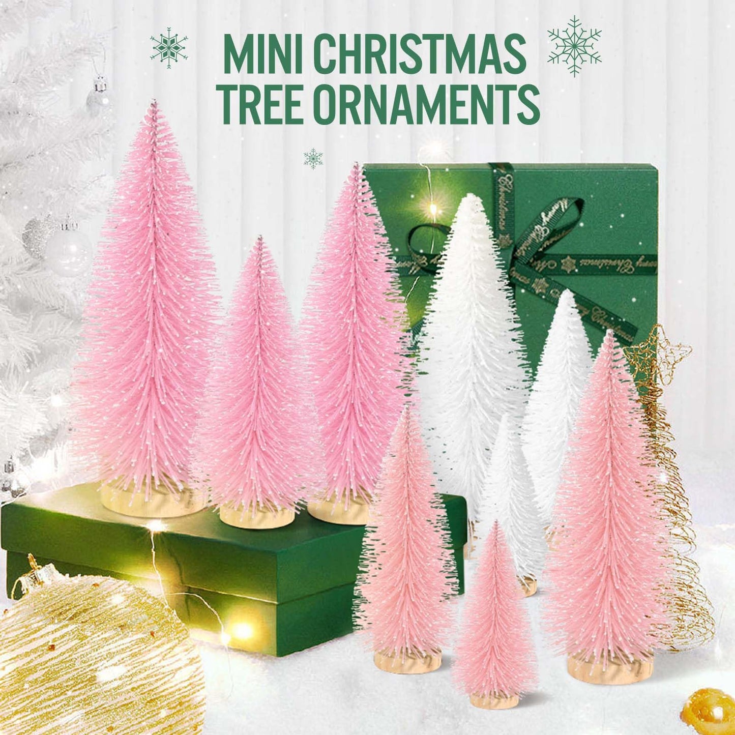 9Pcs Mini Christmas Trees Christmas Decor Artificial Christmas Decorations with 4 Sizes, Christmas Tree Bottle Brush Trees Christmas Table Decorations (Pink Light Pink White)