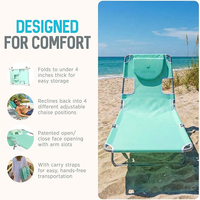 Ostrich 4-Position Outdoor Chaise Lounge w/Face Cushion & Arm Holes, Teal - Lightweight Folding Lounger w/Adjustable Reclining Backrest, Portable w/Carry Strap, 250 lb Weight Capacity