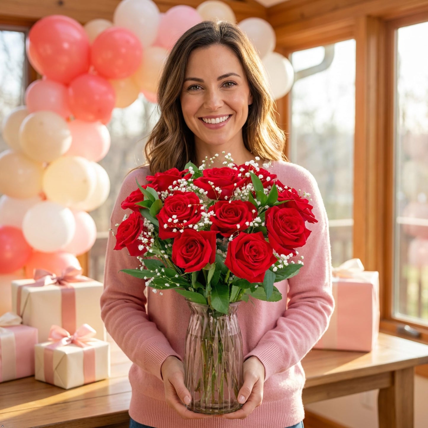 Benchmark Bouquets - 12 Stem Red Roses (Glass Vase Included) - Fresh Flowers for Next Day Delivery - Gift for Birthday, Anniversary, Get Well, Sympathy, Congratulations, Valentine's Day