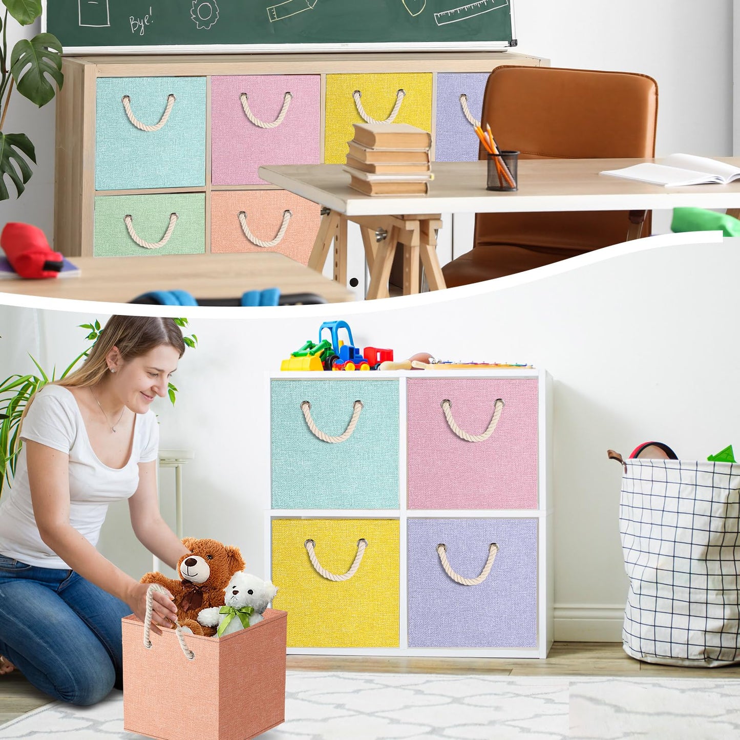 Geelin 6 Pcs Fabric Linen Thickened Storage Cube with Handle 11 Inch Heavy Duty Multi-color Collapsible Sturdy Durable Storage Bin Organizer Box Clothes Shelf Christmas Holiday Festival(Macaron)