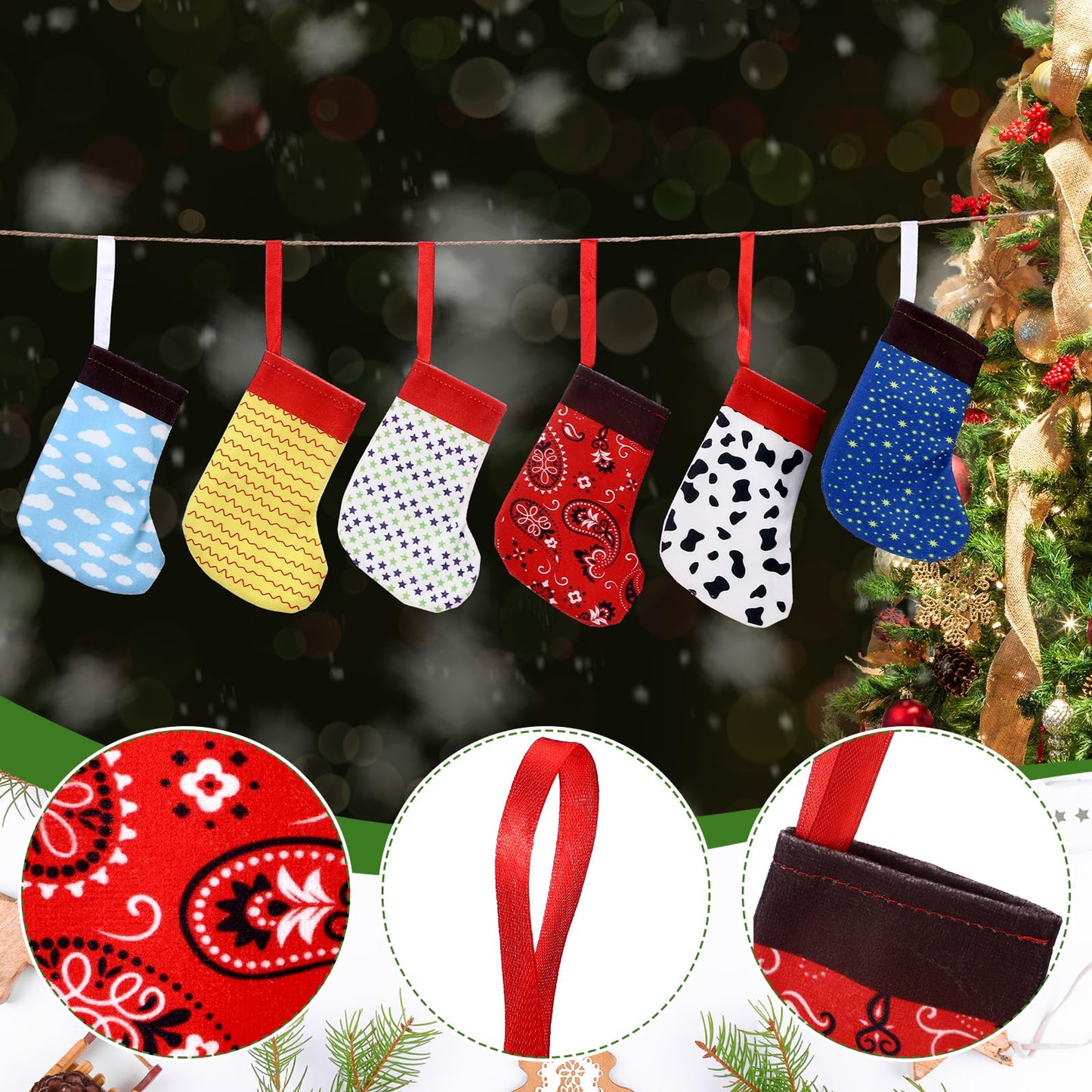 Realspring 24 Pack Christmas Mini Cartoon Stockings 6 Inch Christmas Cow Blue Sky White Cloud Hanging Tree Ornament Stockings Filling Gift Fireplace Decorations Supplies for Xmas Holiday Present
