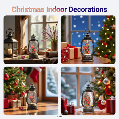 12" Christmas Snow Globe Lantern, Red Bird Music Box, Spinning Snowflake Glitter Water Lamp, USB and Battery Powered Christmas Decoration