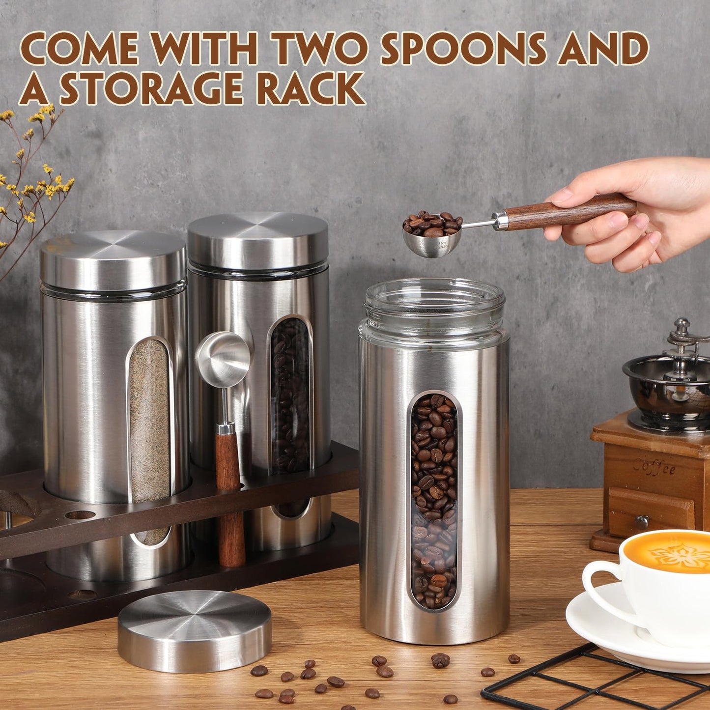 Suclain Stainless Steel Coffee Grounds Canisters with Shelf 3 x 50oz Sugar Coffee Bean Storage Container with Airtight Threaded Lid Glass Window Scoop Kitchen Jar Set for Bar Creamer Nut Tea