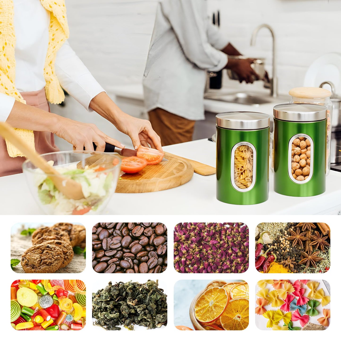 Zopeal 6 Pack Green Canisters Sets For Kitchen 50oz Stainless Steel Kitchen Canisters with Transparent Windows Flour Sugar Container Metal Jar Countertop Set for Coffee Tea Decorative
