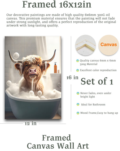 UPWOIGH Funny Bathroom Wall Art Decor,Highland Cow Wall Art, Waterproof Wood Framed Canvas Wall Art Bathing Animals Humor Abstract Prints, 12x16in High-end Pictures for Bedroom Kids Room 1 Pack