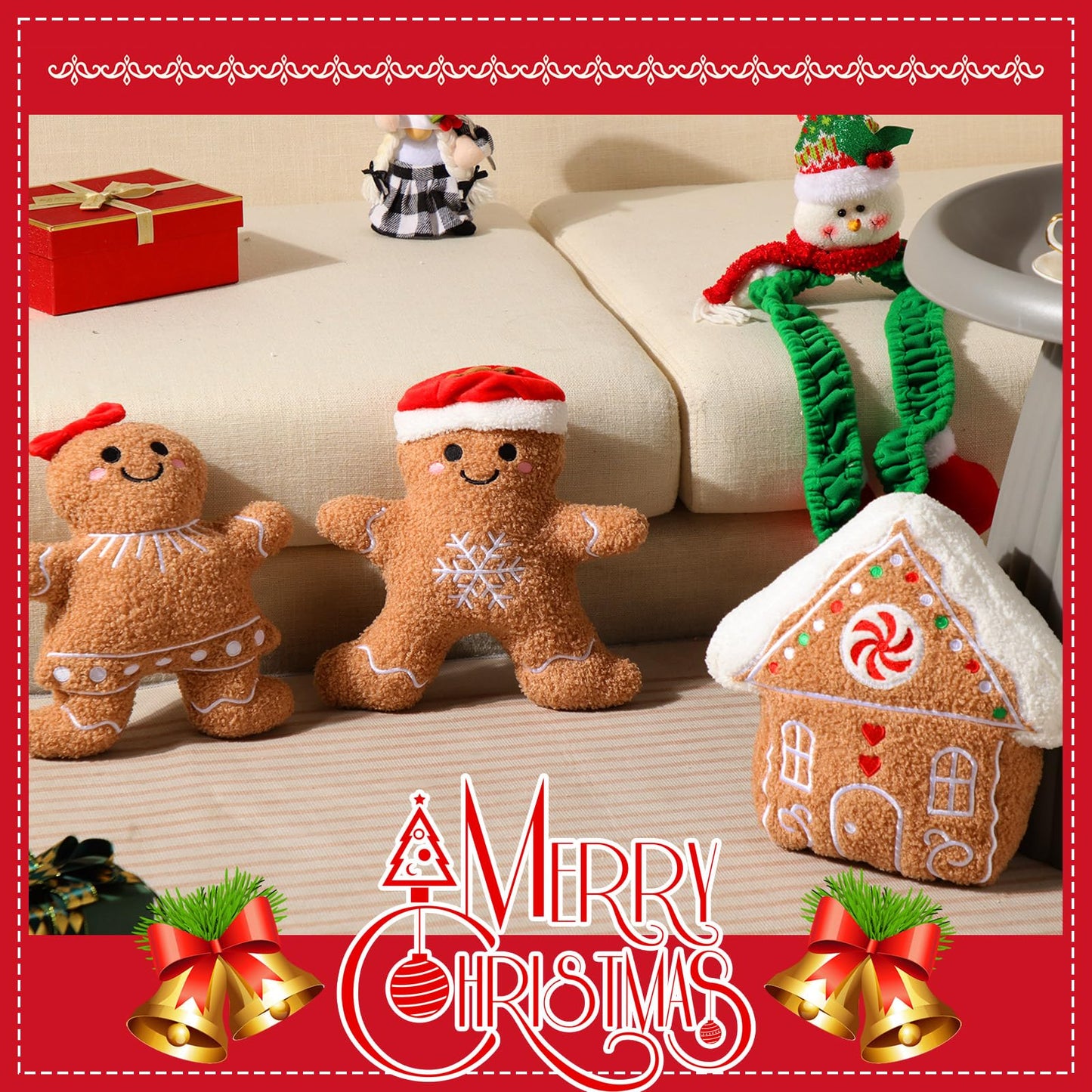 Konohan 3 Pcs Christmas Gingerbread Pillows House Man Throw Pillows Stuffed Gingerbread Shaped Pillow for Christmas Party Outdoor Cushion Decorations(Dark Yellow,Lovely Style)