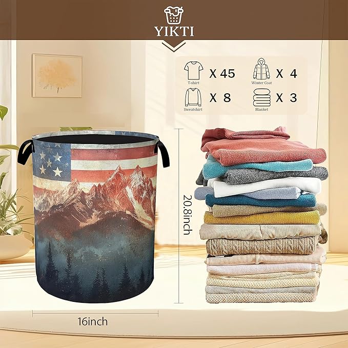 Vintage American Flag Laundry Hamper, Forest Mountain Clothes Hamper