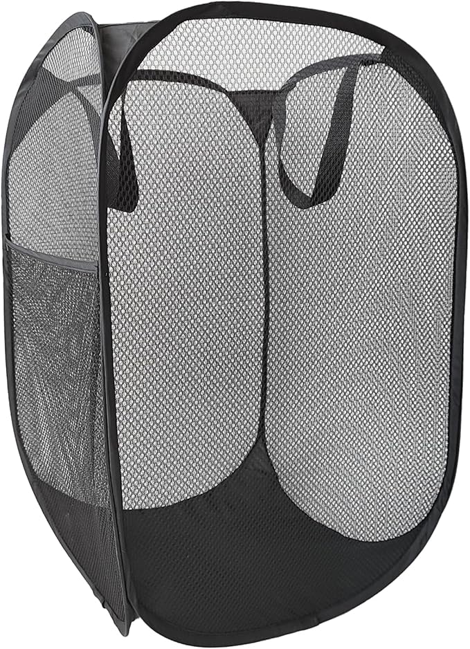 The upgraded pop-up laundry basket features a breathable side pocket mesh design