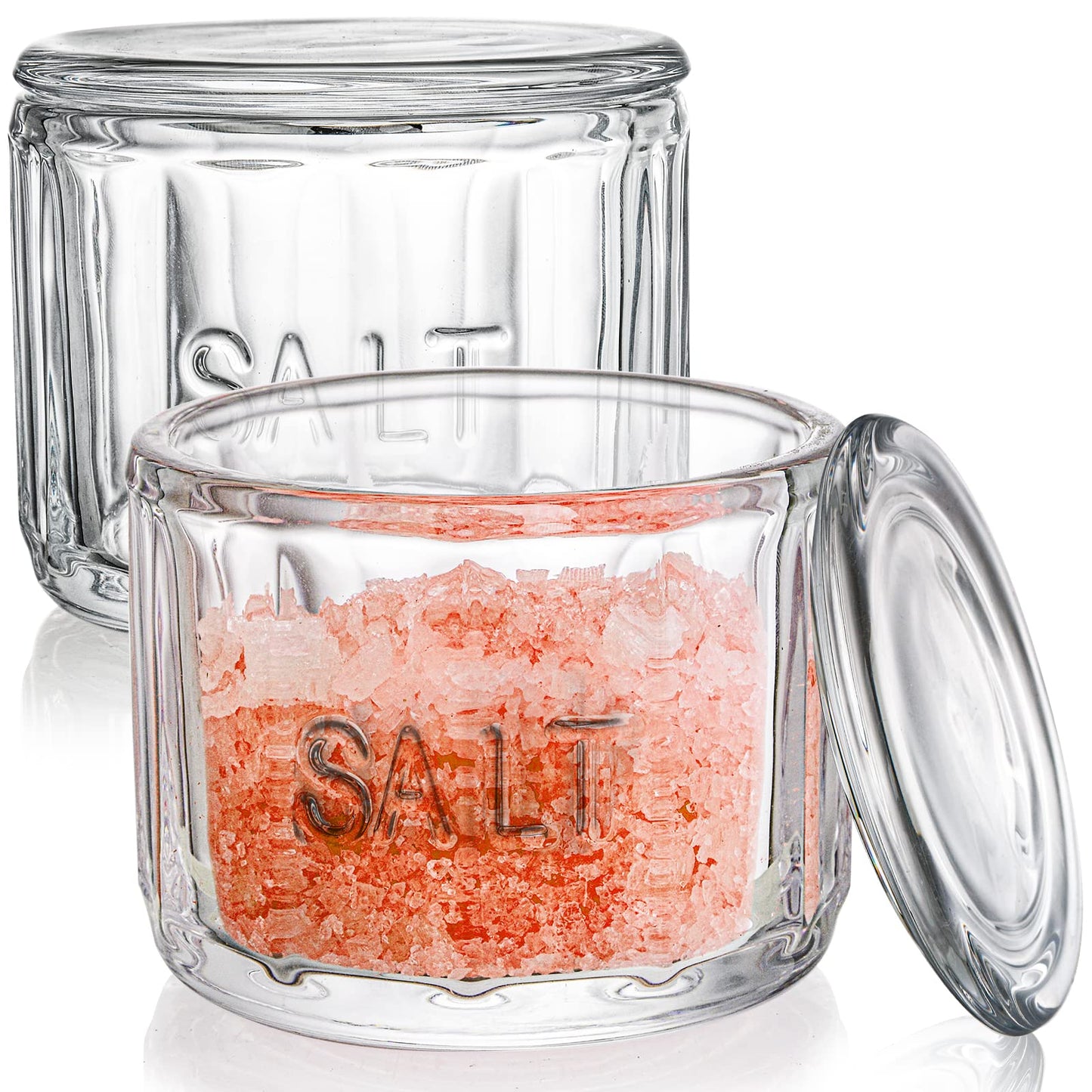 Nicunom 2 Pack Clear Glass Salt Cellar with Lid, Salt Storage Container Salt Box, Retro Style, Kitchen Decor, Wedding Gift, 3.75" D x 3.15" H