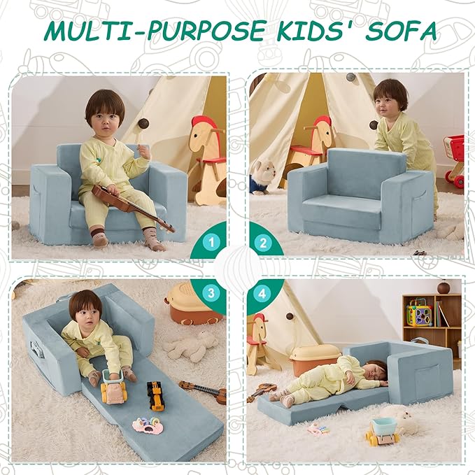Kids Couch, 2-in-1 Toddler Chair Comfy 1-3 Years, Convertible Kids Chair