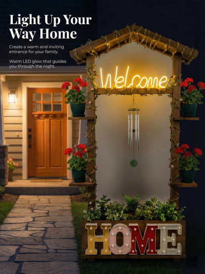 Borsynium Rustic-Style Floor-Standing Wooden LED Sign with Plug-in Functionality, Ideal for Planting or Arranging Flowers in Gardens, Lawns, or Front Entrances, 28.7x8.7x50.0 Inches
