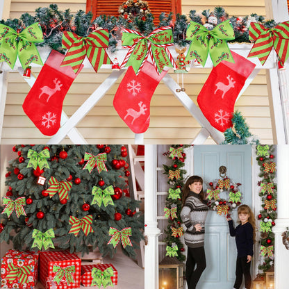 Wninbu 12 Pcs Red Green Christmas Bows,6 Inch Large Wreaths Bows for Tree Gift Wrapping Garland,Christmas Decoration Holiday Party Crafts Xmas Tree Ribbon Ornaments (Pattern)