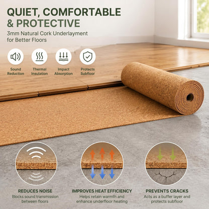 200 Sq. Ft. Cork Roll 48 x 600 Inch Cork Underlayment Roll Sound Insulation Mildew and Moisture Proof for Office Home School DIY Supplies(3mm Thick)