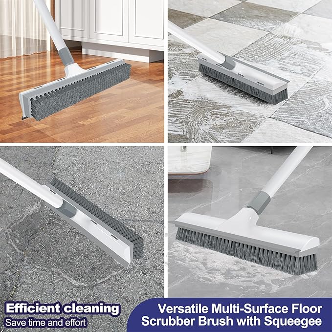 Floor Scrub Brush with 60 inch Long Handle, 2 in 1 Heavy Duty Stiff Bristle