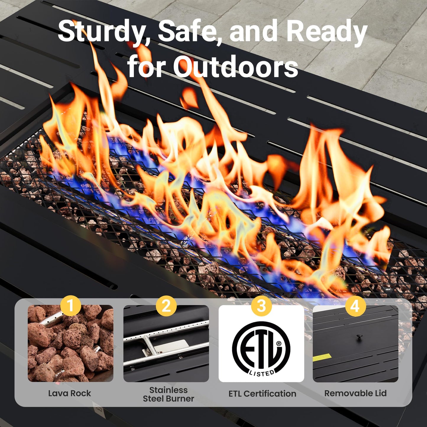 FansaFurn 43'' Propane Fire Pit Table, 50000 BTU Gas Fire Pits Table with Removable Lid and Lava Rock, Rectangular Fire Table with Cover, Ideal for Dining or Party on Patio, Garden, Yard, Black