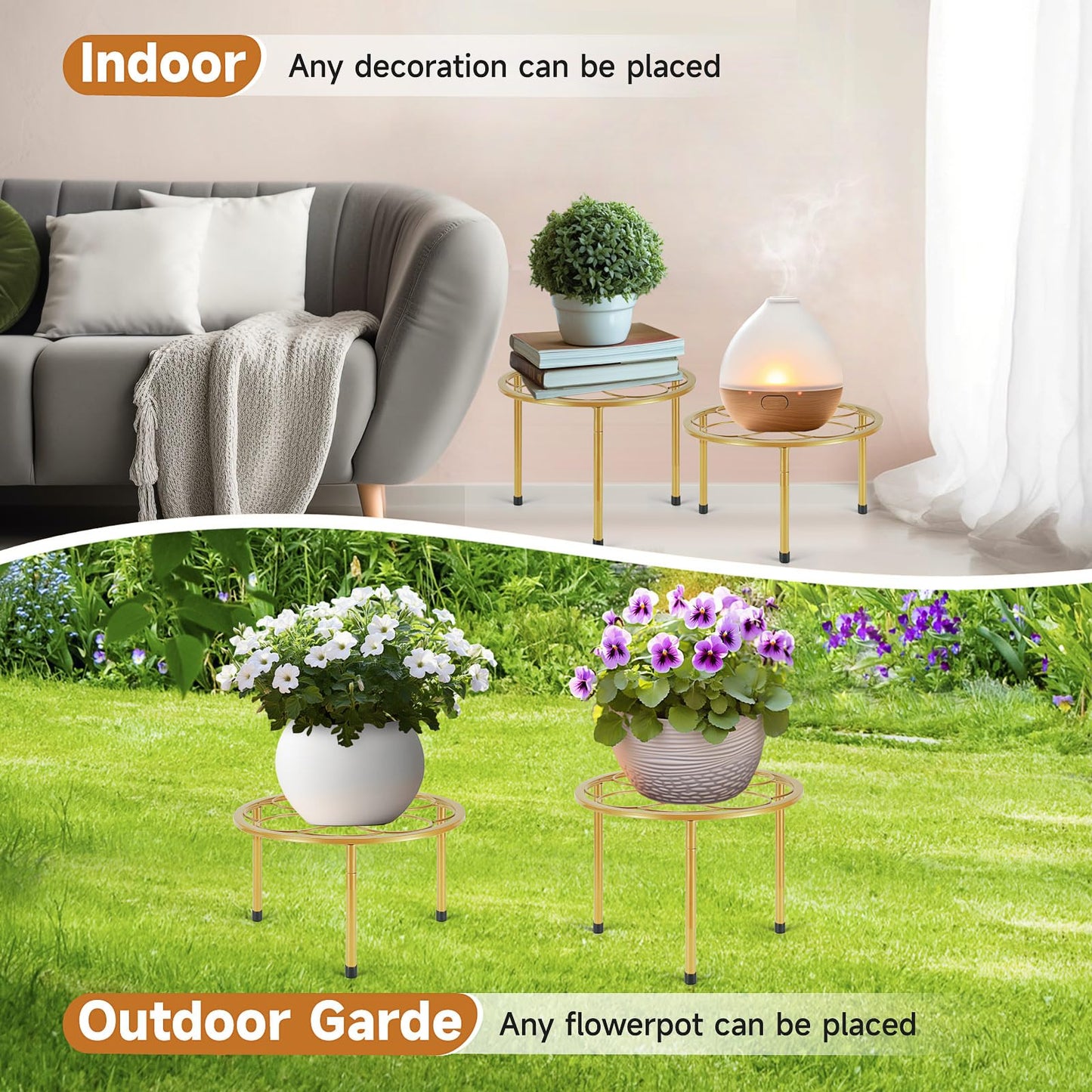 Amaoot 5 Pack Metal Plant Stand, Anti-Rust Iron Plant Stands for Indoor and Outdoor, Heavy Duty Flower Pot Stands for Multiple Plant, Black Potted Plant Holder for Garden Home (5 Pack Gold)