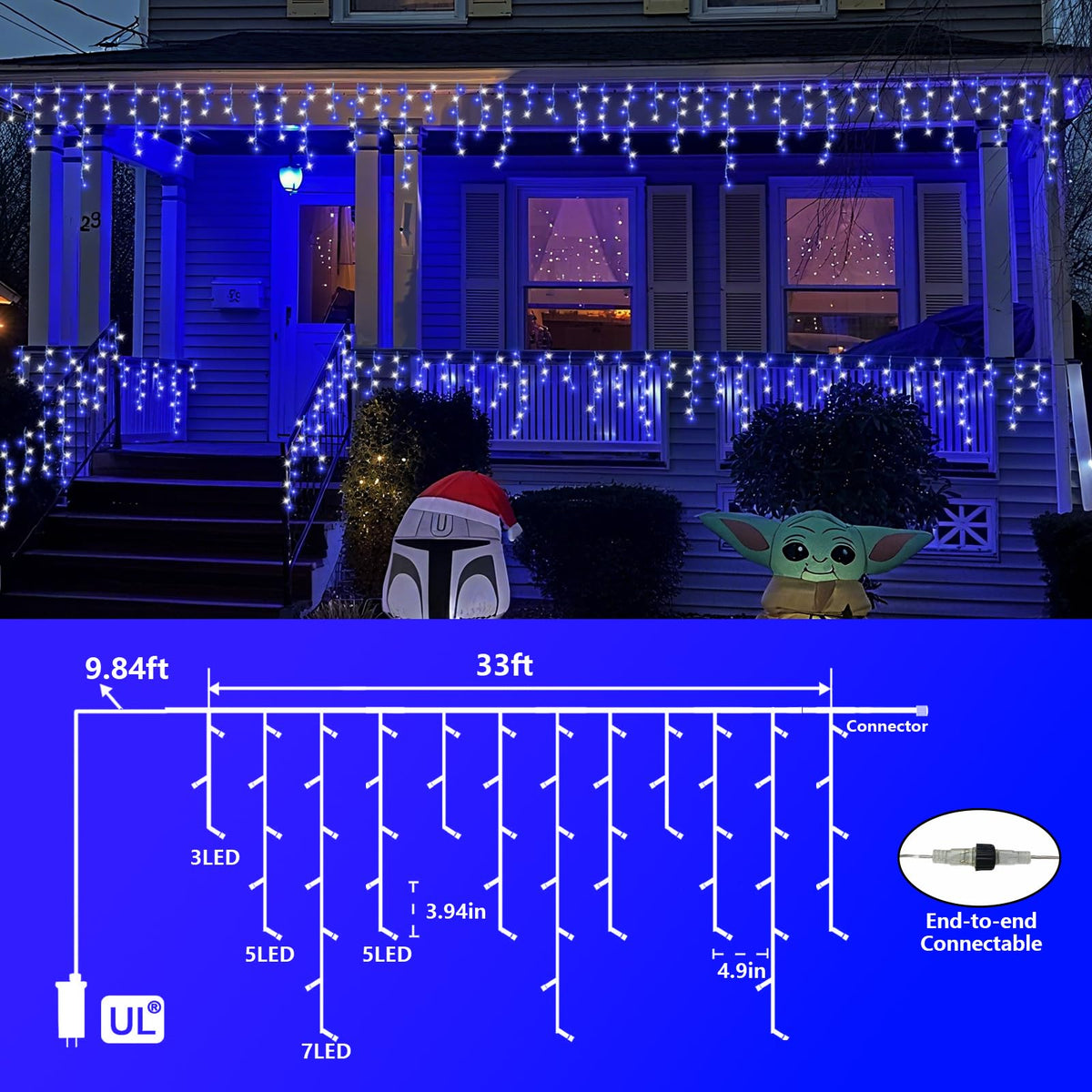 QITONG Blue and White Icicle Lights for Outside, 33ft 400 LED String Light Indoor Plug in, 8 Modes Connectable Icicle Christmas Light Clear Wire