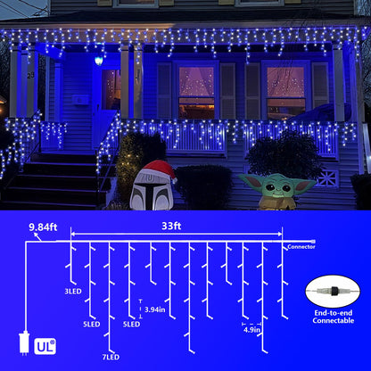 QITONG Blue and White Icicle Lights for Outside, 33ft 400 LED String Light Indoor Plug in, 8 Modes Connectable Icicle Christmas Light Clear Wire
