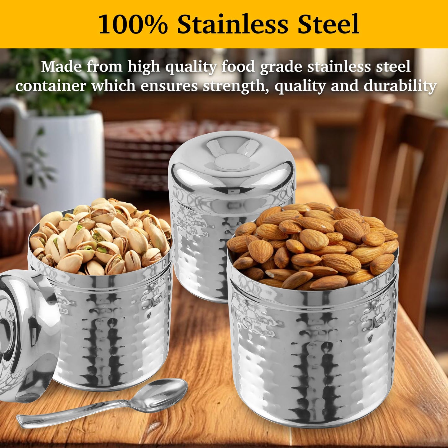 CRAFTONE Stainless Steel Hammered Containers Set of 3 with Spoon, Ideal for Tea, Coffee, Sugar, Masala Storage Sugar Container with Lid for Salt, Coffee, Dishwasher Safe (10 Oz, 15 Oz, 20 Oz)