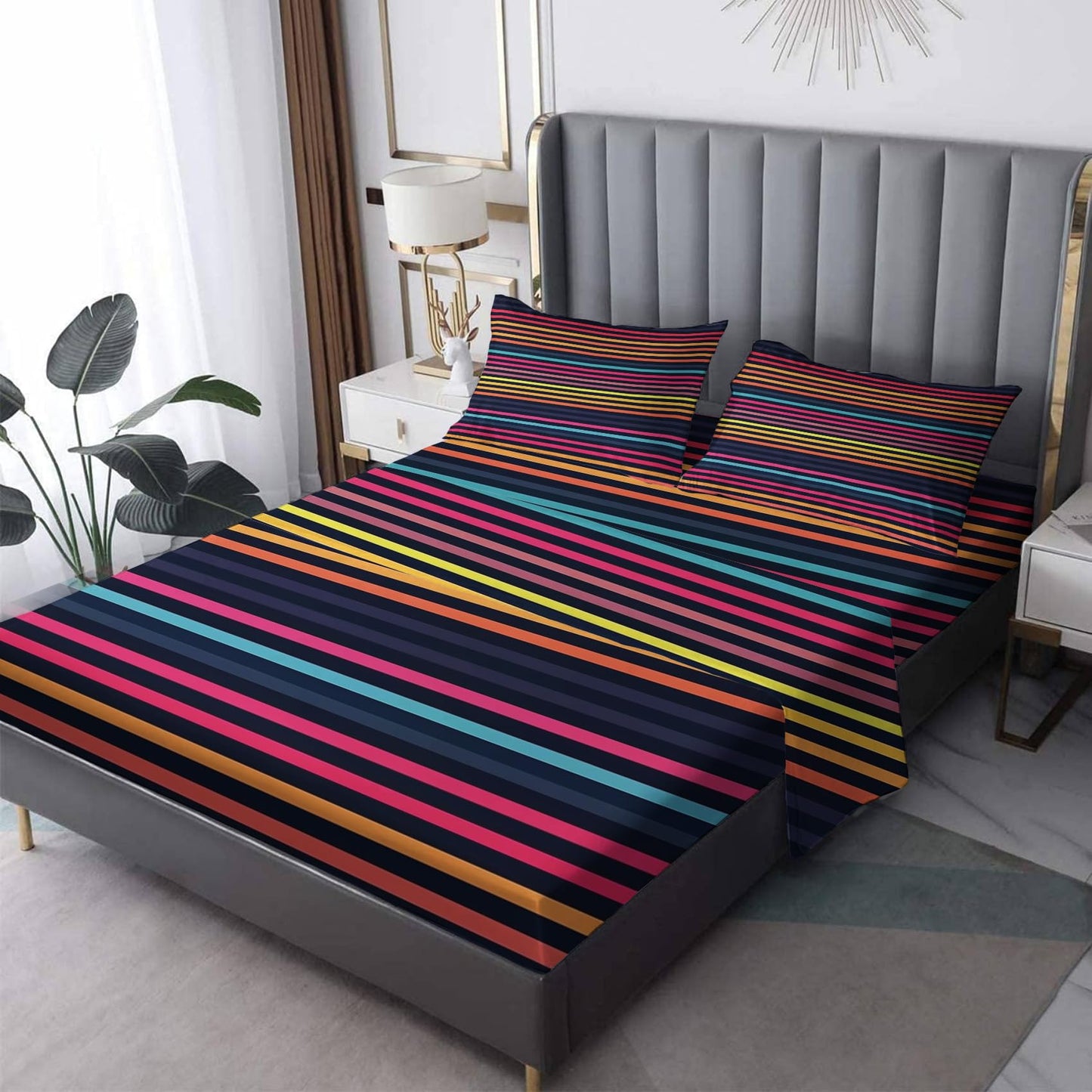 Striped Sheets California King Size, Colorful Bed Sheets, Patterned Bedding Sheets & Pillowcases 4 Piece Set - Soft Microfiber Deep Pocket Fitted Sheet & Flat Sheet & 2 Pillow Cases M&-A267