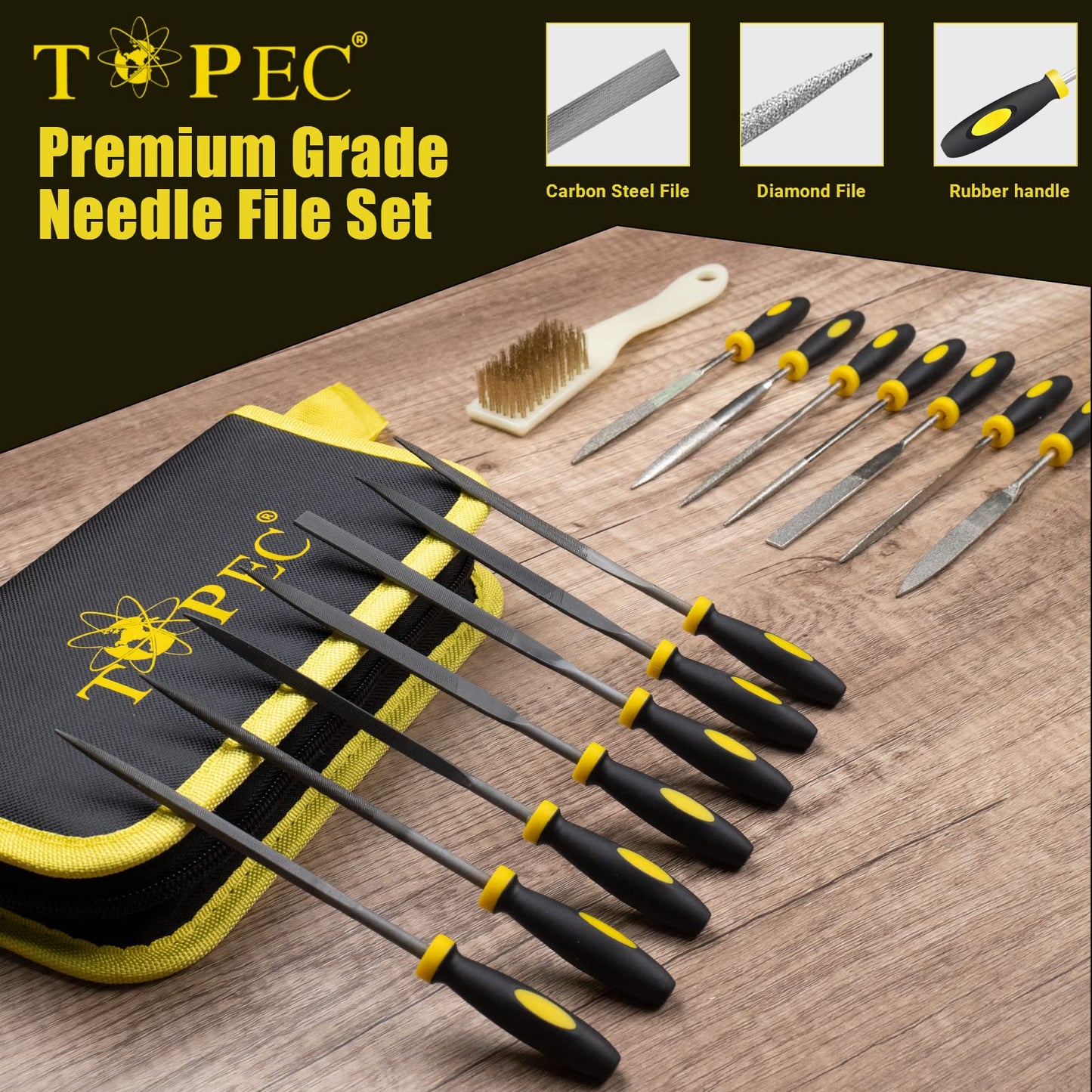 Topec 15PCS Small File Set, Needle Diamond Files, Jewlers Files & Steel Files with Metal Brush and Storage Bag, for Precision Metal File Work, Wood, Jewelry, DIY Carving Tool