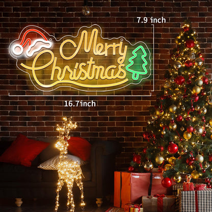 Louxiar Merry Christmas Neon Sign, 16.7" x 7.9" Acrylic Christmas Neon Sign with Xmas Tree and Santa Hat, USB Powered Warm White LEDs for Wall Window Bedroom Living Room Home