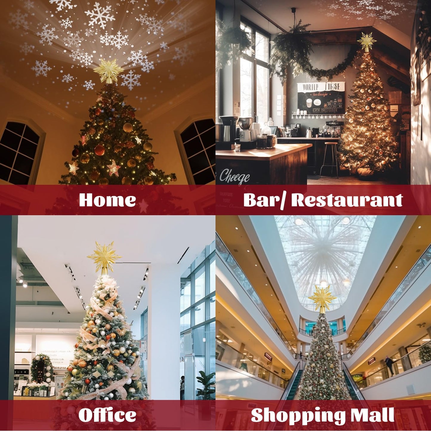 Christmas Star Tree Topper Lighted with Led Snowflake Projection, Christmas Tree Topper Star with Built-in LED Rotating 3D Projector Lights, Christmas Decoration for Family Office Indoor (Gold)