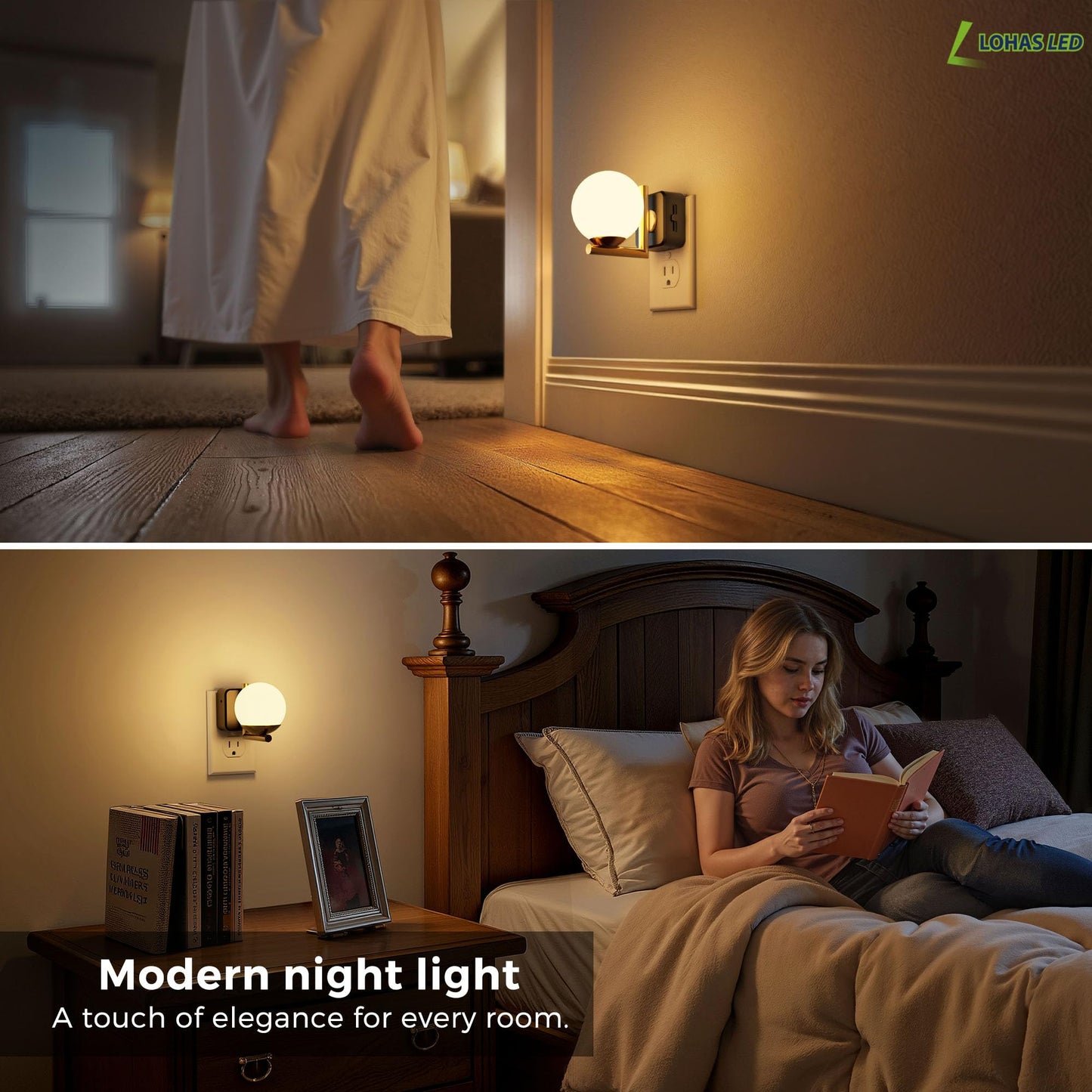 L LOHAS LED Night Lights Plug Into Wall 2 Pack, Dusk to Dawn Sensor, 3000K Nightlight, 0-100LM Adjustable Brightness, Plug in Night Light for Bathroom, Hallway, Bedroom, Stairway