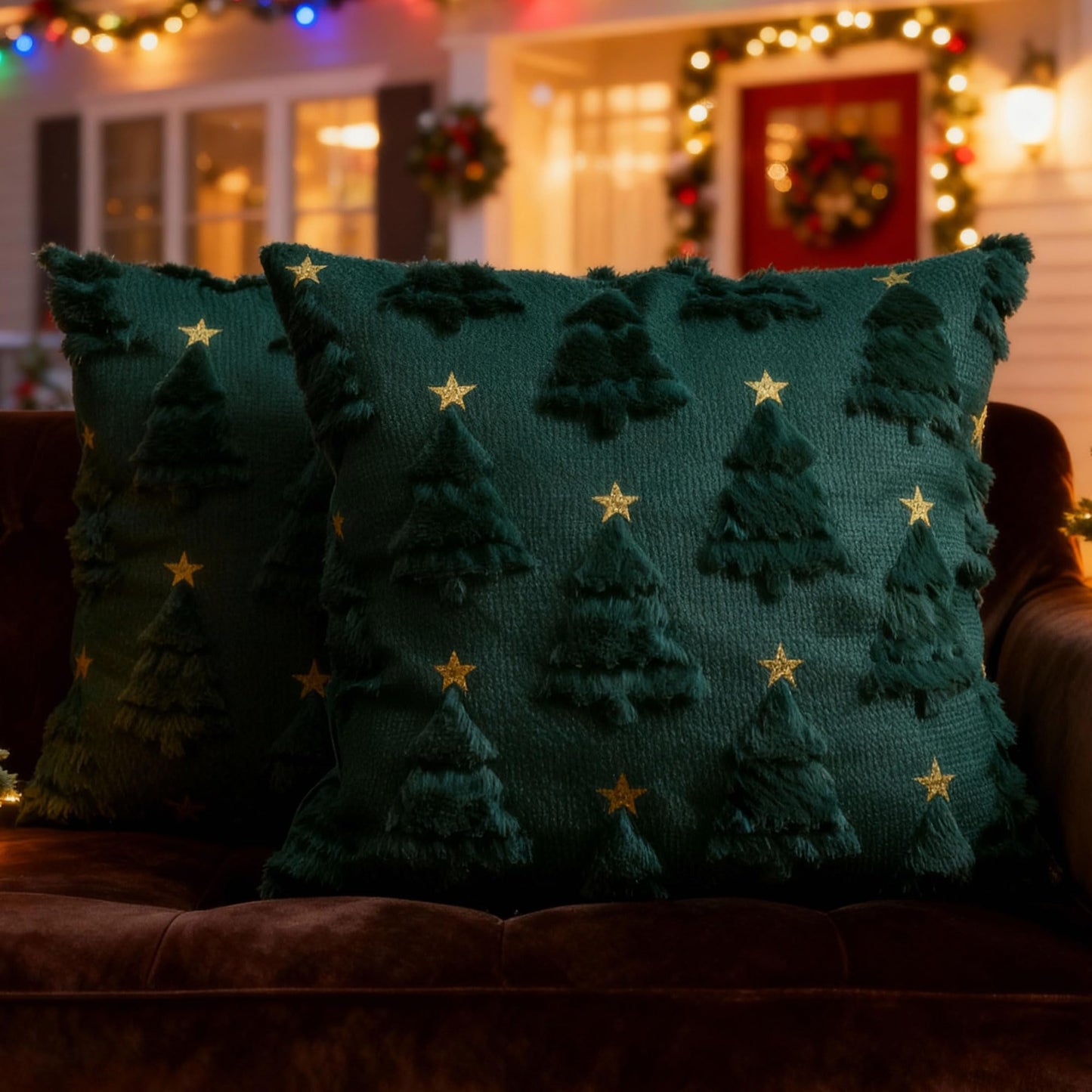 Mieoyue Christmas Pillow Covers 18x18 Set of 2,Xmas Decorations Green Christmas Tree Throw Pillow Covers Winter Home Decor