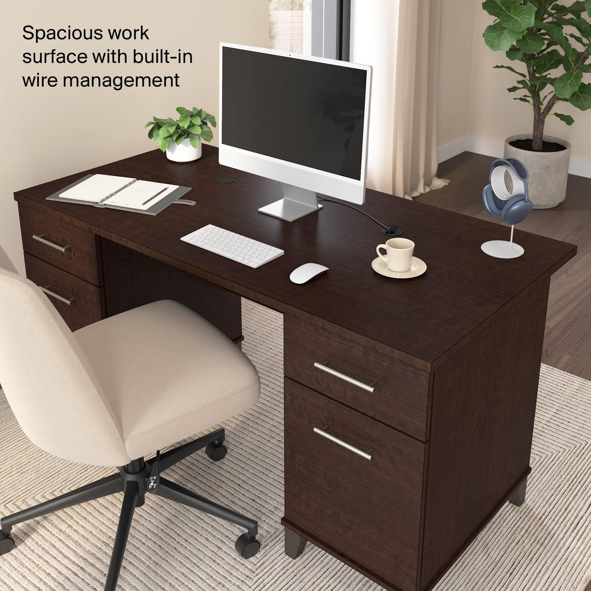 Bush Home 60-Inch Office Desk with Drawers, Computer Desk with File and Box Drawers, Home Office Workstation with Storage Cabinet, Writing Desk Furniture, Somerset Collection, Mocha Cherry