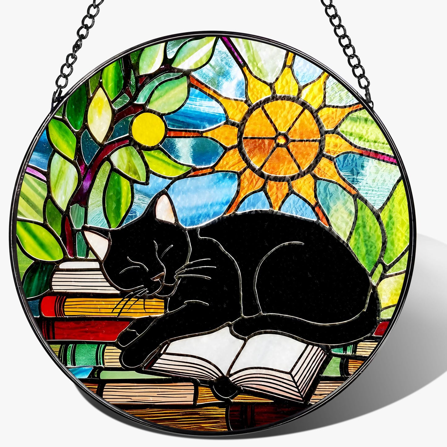 Stained Glass Window Hanging, 8 Inch Black Cat on Book Stained Glass Suncatcher, Window Decor Hanging, Cat Lover Gifts, Reading Decor, Bookish Gift, Librarian Gift, Book Lover Gifts