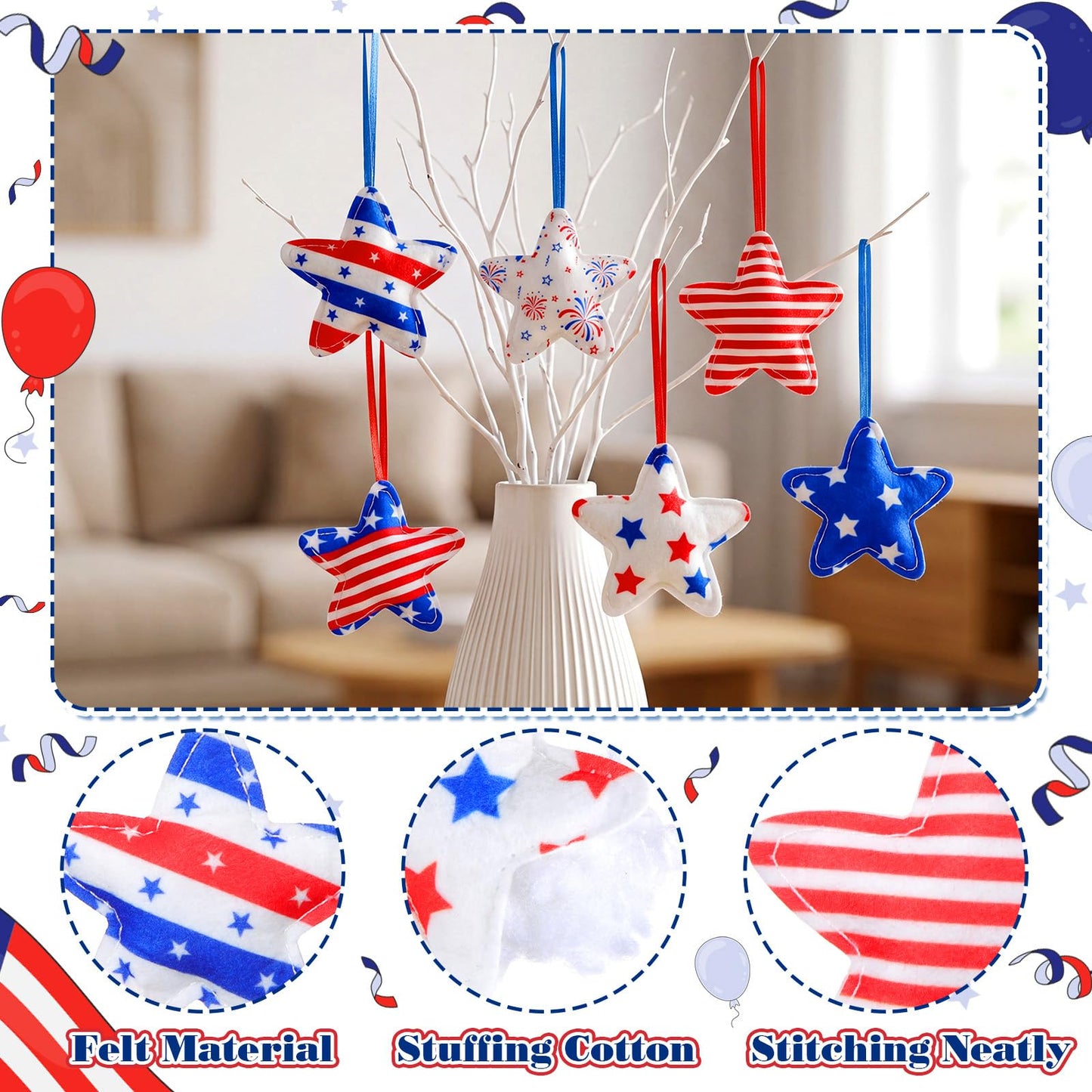 RattanView 24 Pcs 4th of July Ornaments Felt Star Patriotic Decoration for Tree 250th Anniversary Red White Blue Hanging Ornaments for Independence Day Memorial Day Party Supplies (Star)