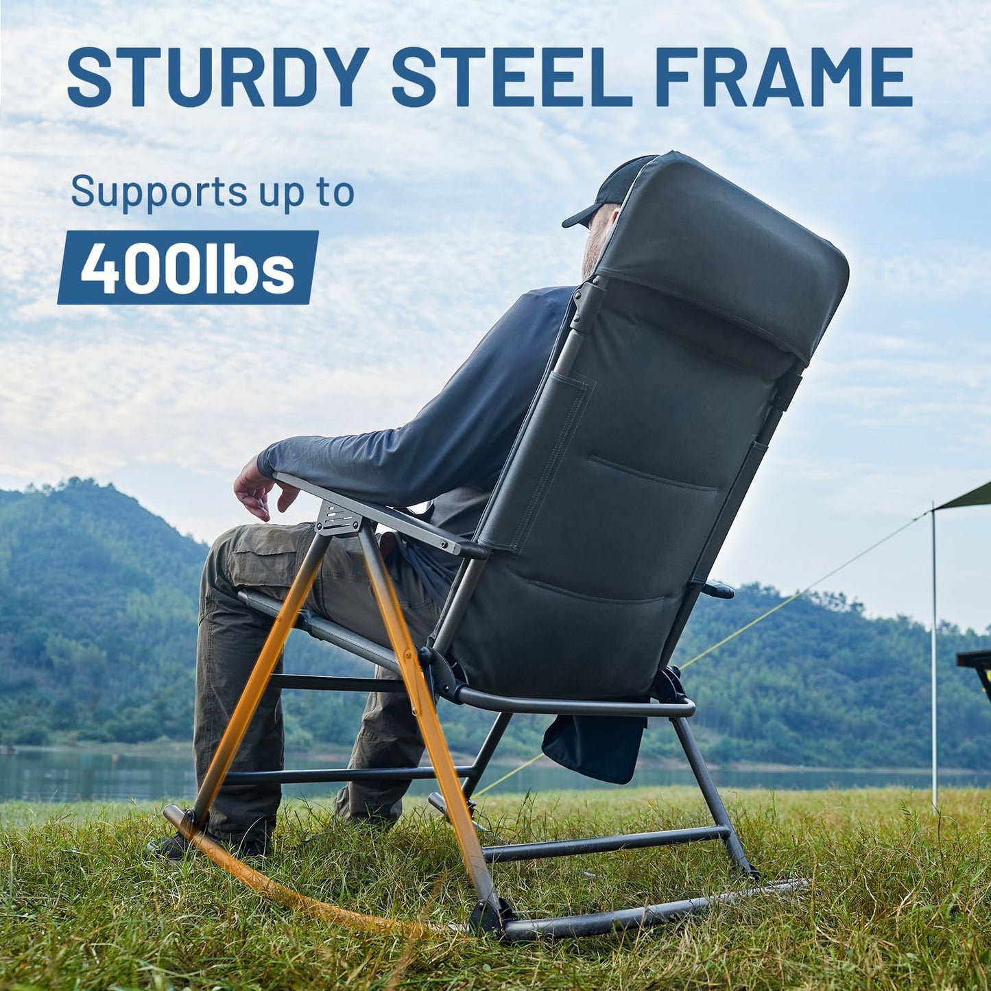 Timber Ridge Oversized Folding Rocking Camping Chair, Padded Outdoor Rocker with High Back, Portable Outdoor Chair for Patio, Garden, Lawn, Supports up to 400 lbs, Blue