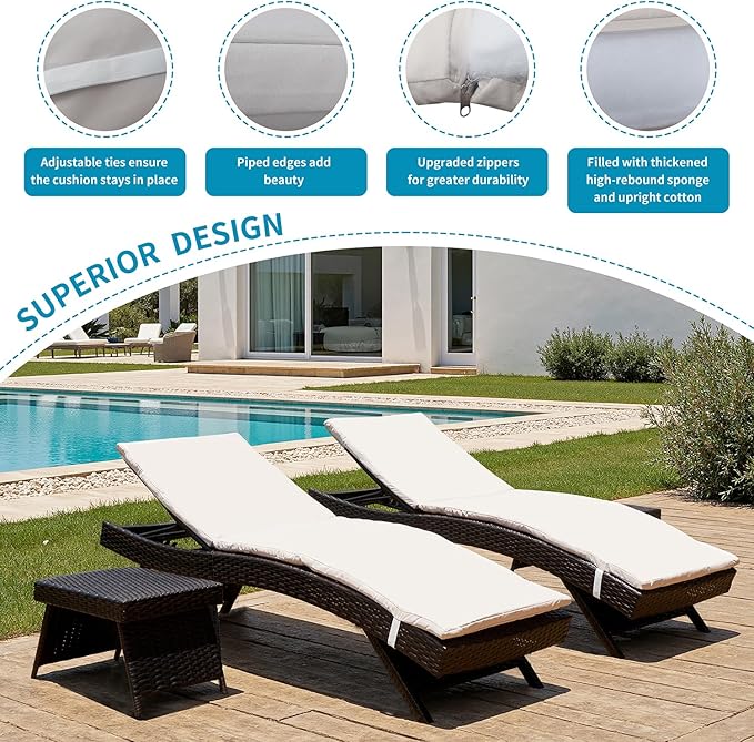 Outdoor Chaise Lounge Chairs + Coffee Table Set of 3