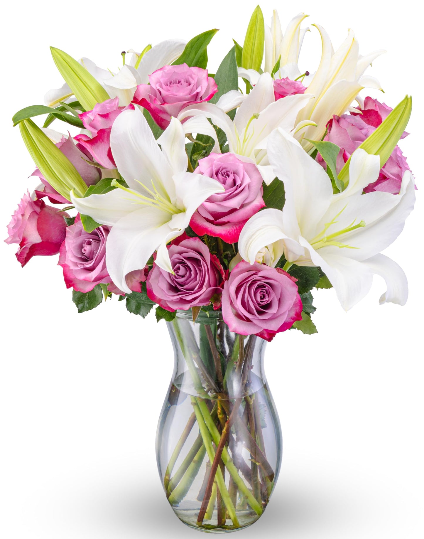 Benchmark Bouquets - Oriental Lilies & Purple Roses - Fresh Flowers for Delivery - Mothers Day Flowers - Mothers Day Gifts for Mom - Gifts for Wife - Long Stem Roses (Glass Vase Included)
