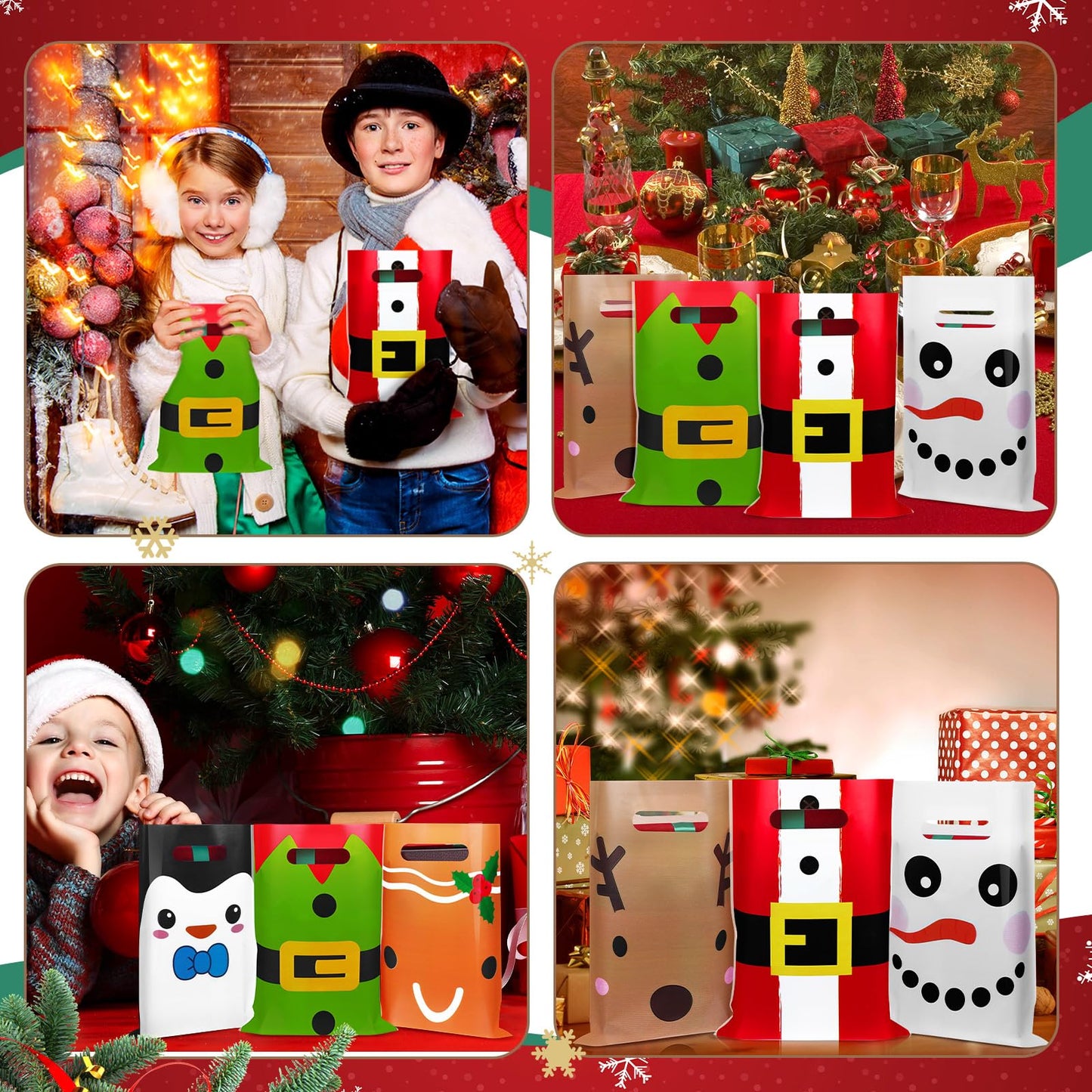 Sinmoe 200 Pcs Plastic Christmas Bags Bulk Christmas Merchandise Gift Bag with Handle 9" x 12" Reusable Xmas Goodie Treat Pouch for Candy Retail Shopping Business Party(Mix Color,Cartoon)