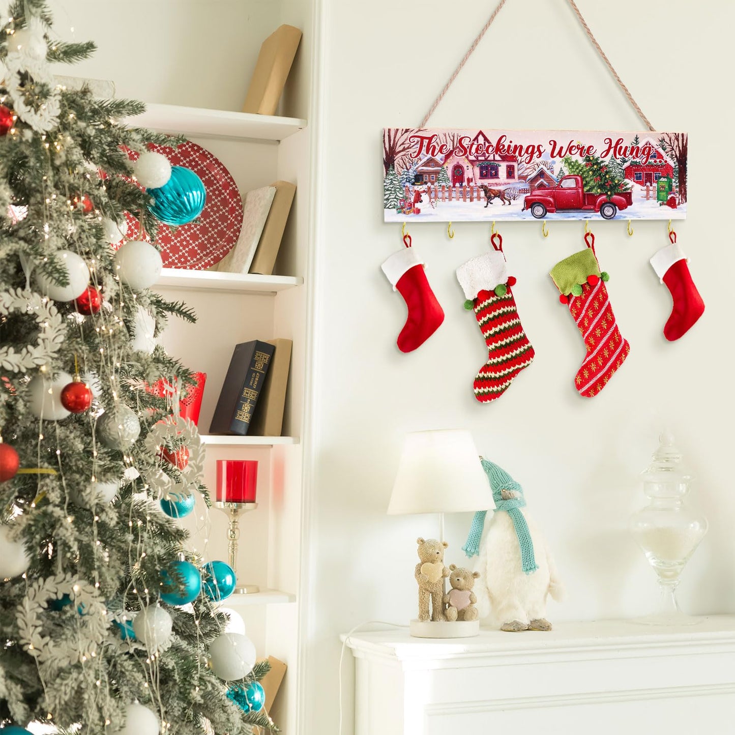 Maitys Christmas Stocking Holder with 7 Hangers - Wooden Organizer Sign 'The Stockings were Hung' - Xmas Mantel Snowmen Wall Mount Hanging Hook for Mantel (Truck)