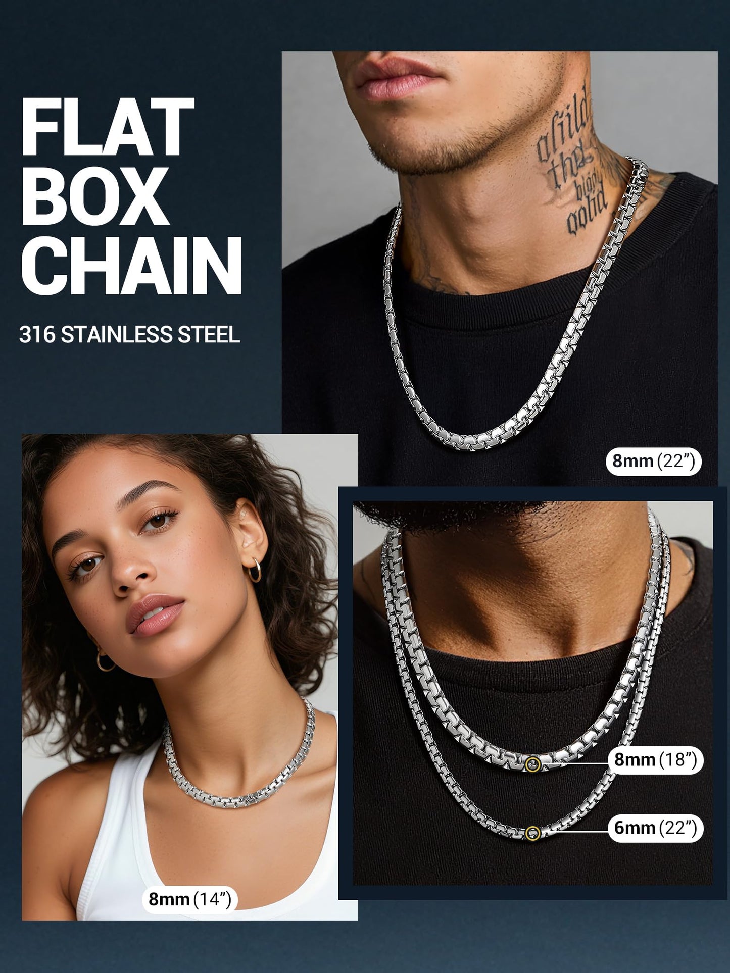 PROSTEEL Silver Chain for Mens 8mm Anti-Tarnish & Unbreakable Links Flat Box Necklace Hip Pop Chunky Chain Jewelry