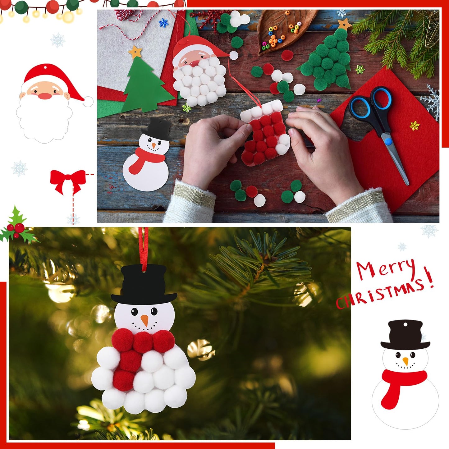 Realspring 24 Sets Christmas Pom-poms Craft Kit DIY Pom Pom Ornament Craft Bulk Christmas Tree Snowman Stockings Santa Wreath Candy Canes Xmas Poms Decor Fun Home Activity Classroom Party