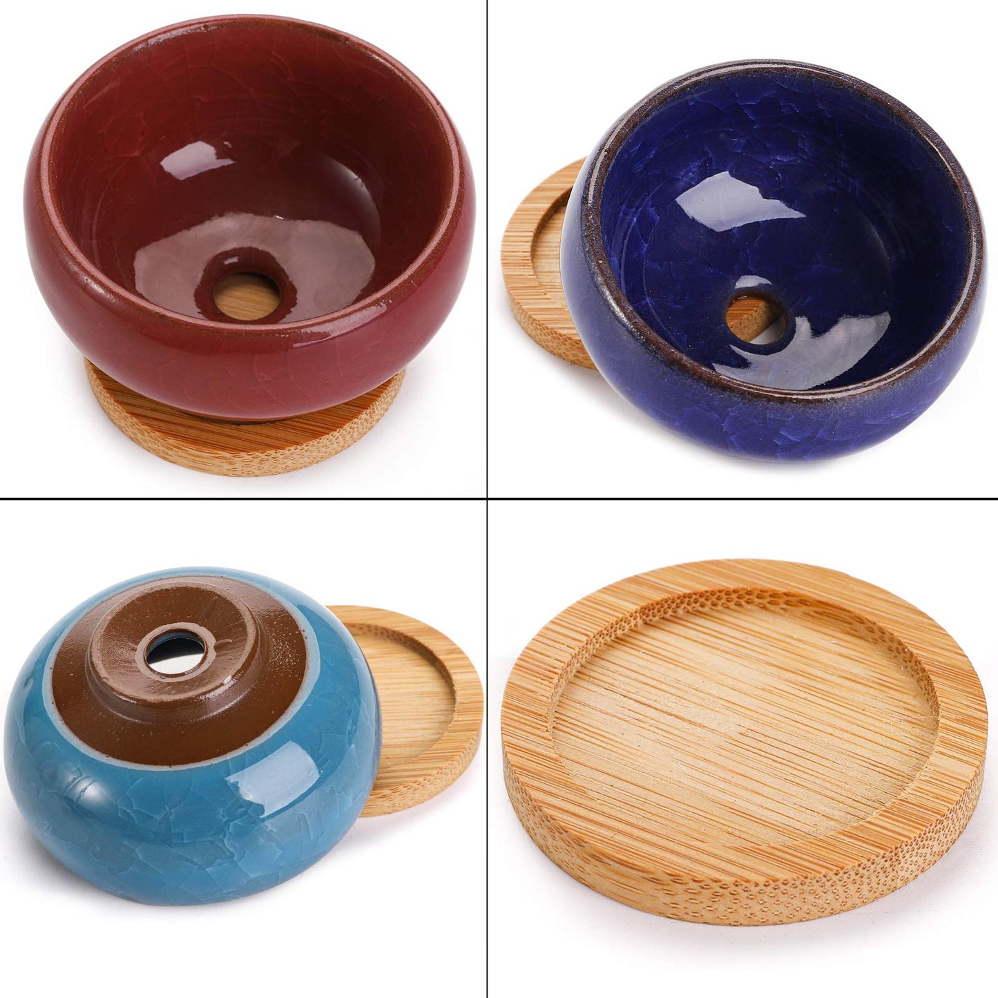 Lawei 12 Pack Ice Crack Succulent Pots with Bamboo Saucer - Ceramic Mini Cactus Plant Pots Flower Pots Container Planter for Home Garden Office Decoration
