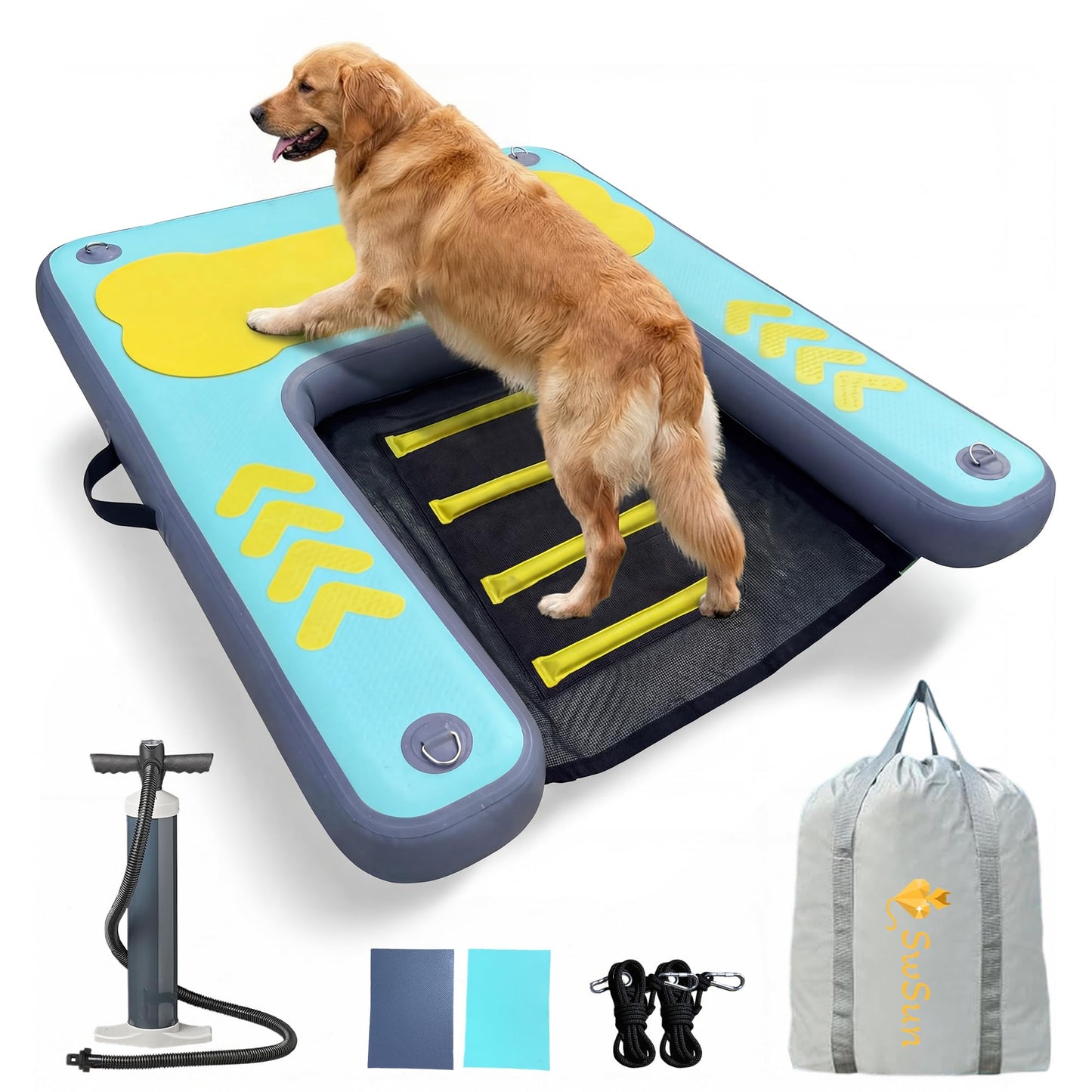 Dog Ramp for Pool & Lake, Inflatable Water Platform 60'' x 40'' Floating Dock for Pets Up to 240 lbs, Non-Slip EVA Surface with Ladder, Boat & Dock Access for Swimming and Outdoor Use