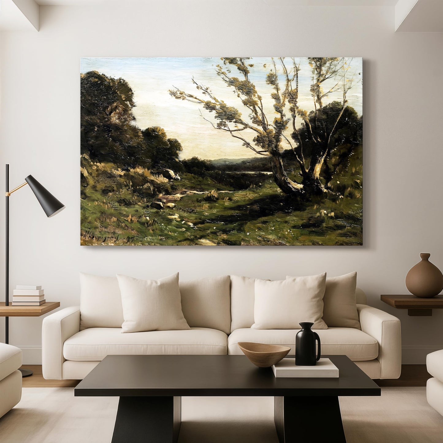 Renditions Gallery Wall Art For Home Decor Peaceful Morning in the Nievre by Henri Harpignies Canvas Wall Decorations for Kitchen Bedroom Lounge - 60" L x 40" W LT630