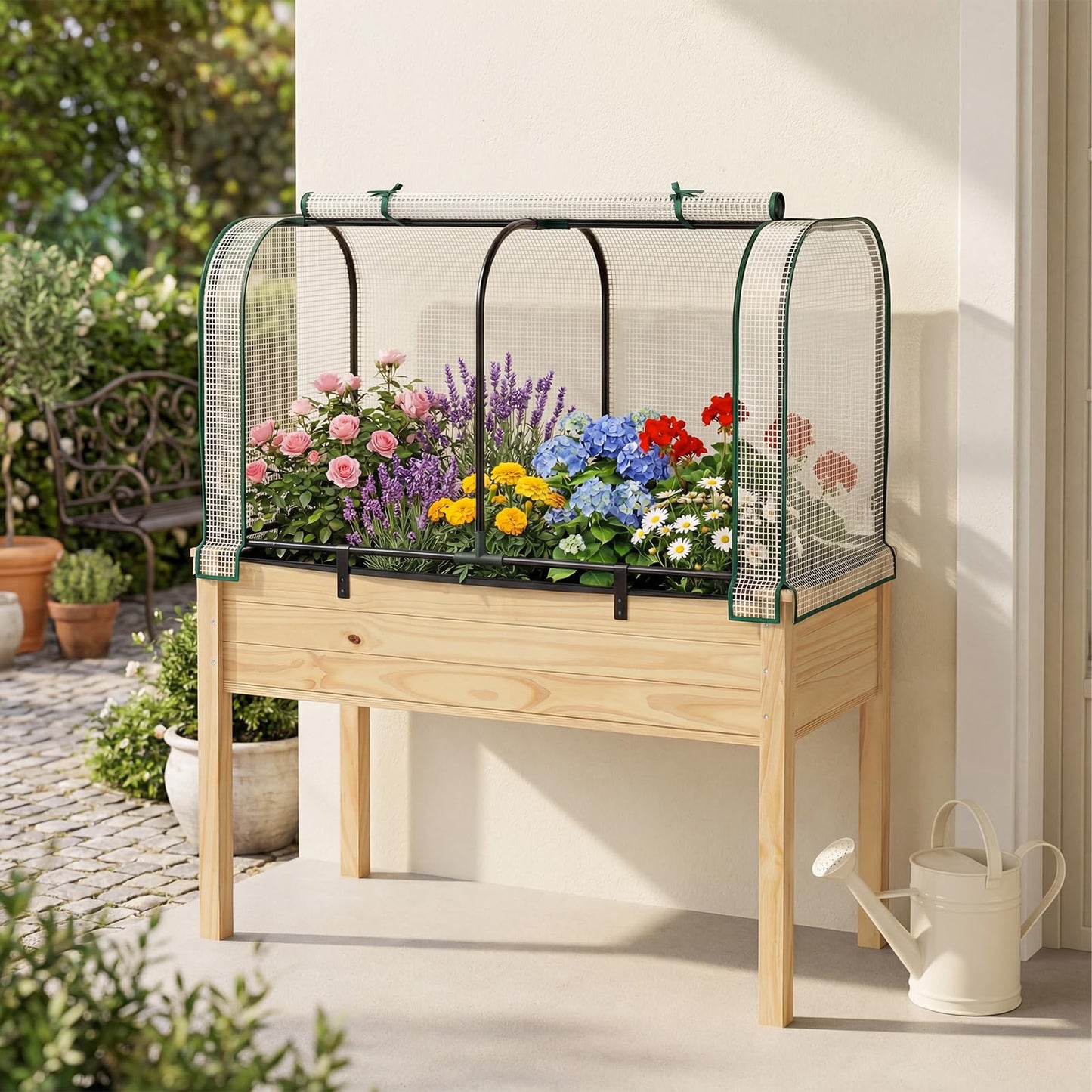 Giantex Raised Garden Bed with Cover, Wood Elevated Planter Box with Legs & Mini Greenhouse, Waterproof Sun-Protective PE Green House Cover, Outdoor Use for Fruit Vegetable Flower Herb (White+Natural)