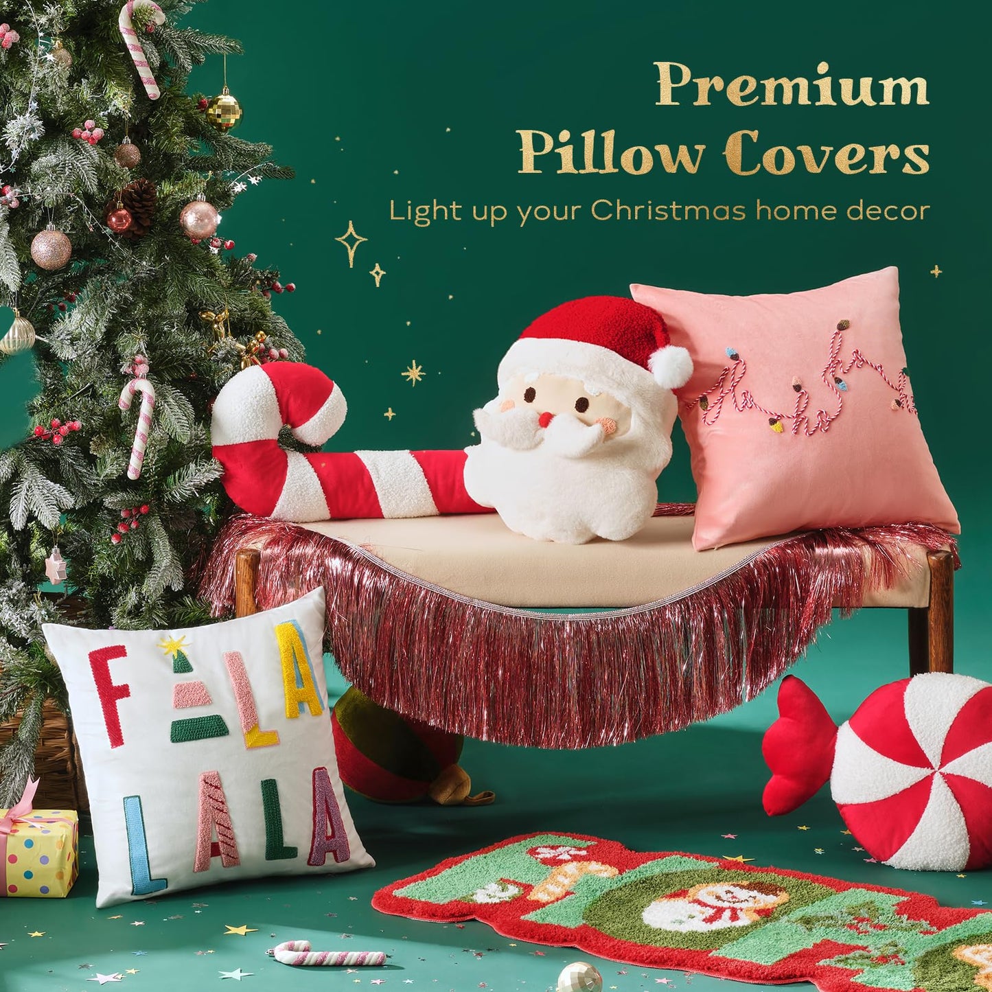 Ashler Merry Christmas Throw Pillow Covers, Letter Embroidery Pillow Covers, Velvet Holiday Decorative Pillowcase with 3D Light String, Set of 2, Pink, 18 x 18 Inch