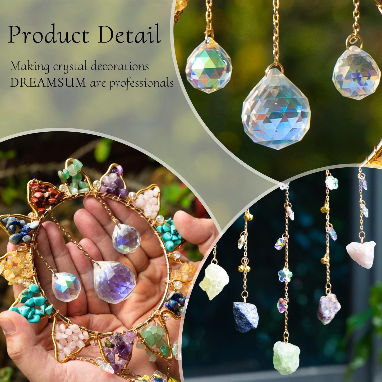 Tree of Life Crystal Sun Catcher Hanging Decor, Handmade Gift for Wall and Window with 3 K9 Crystal Prism Balls & Natural Crystal Stone, Rainbow Maker Decor Ornament for Home, Bedroom, Balcony