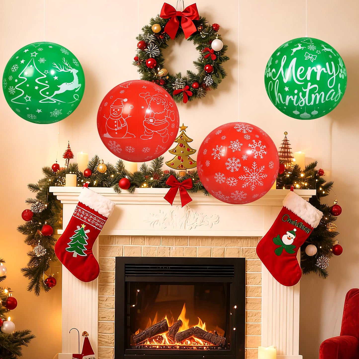 TaoQ C 4 PCS 16 Inch Christmas Inflatable Balloons PVC Hanging Christmas Inflatable Outdoor Balls for Xmas Garden Lawn Yard Holiday Front Door Decoration