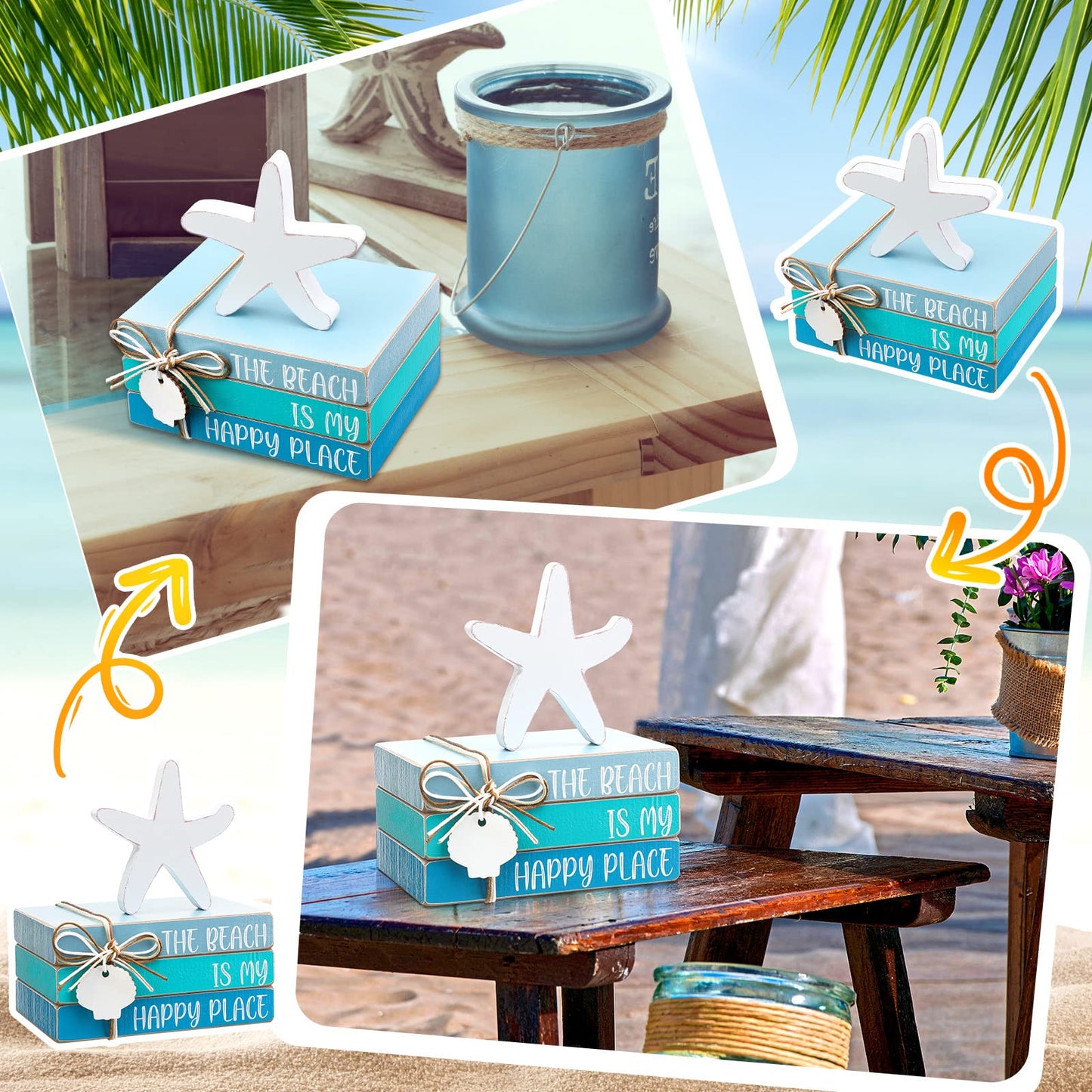 Pinkunn 4 Pcs Summer Table Coastal Theme Decorations Wooden Beach Starfish Stacked Book Sign Nautical Tiered Tray Signs & Plaques for Tabletop Shelf Mantel Office Beachy Room Decor