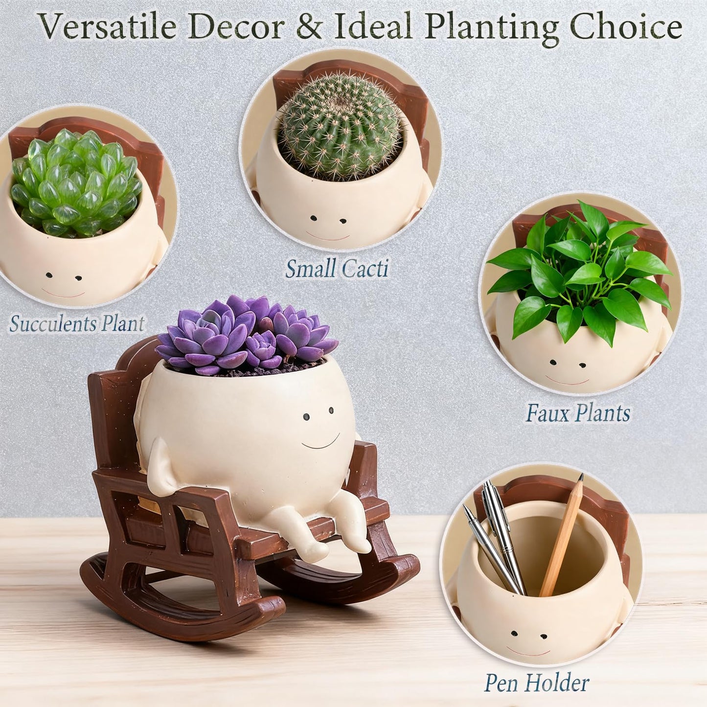 FURUBETA 4 Inch Rocking Chair Smiley Face Planter Pots with Drainage Hole, Resin Pot for Succulents, Cute Spring Indoor Outdoor Garden Decor, Unique for Plant Lovers