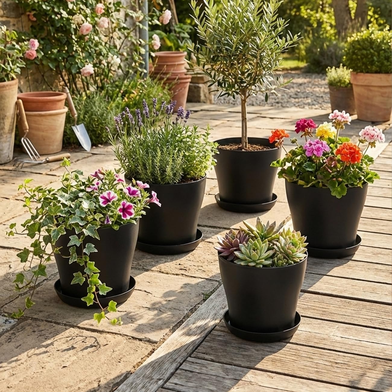 BTPLASTIK 6 Pack 8-Inch Plastic Planter with Saucer, Black- Durable Non-Slip Stackable Indoor/Outdoor Plant Pots with Large Drainage Holes, Minimalist Curved Design for Succulents, Herbs, Cacti