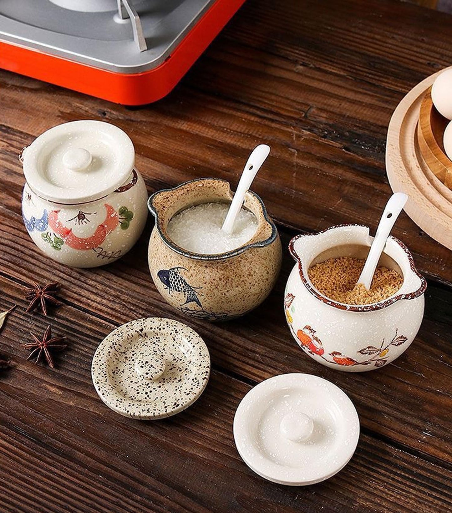 hengshukeji Sugar Bowl with Lid and Spoon,Vintage Ceramic Seasoning Jar, 10oz Stoneware Sugar Salt Holder, Glazed Condiment Container for Kitchen Counter (Carp)